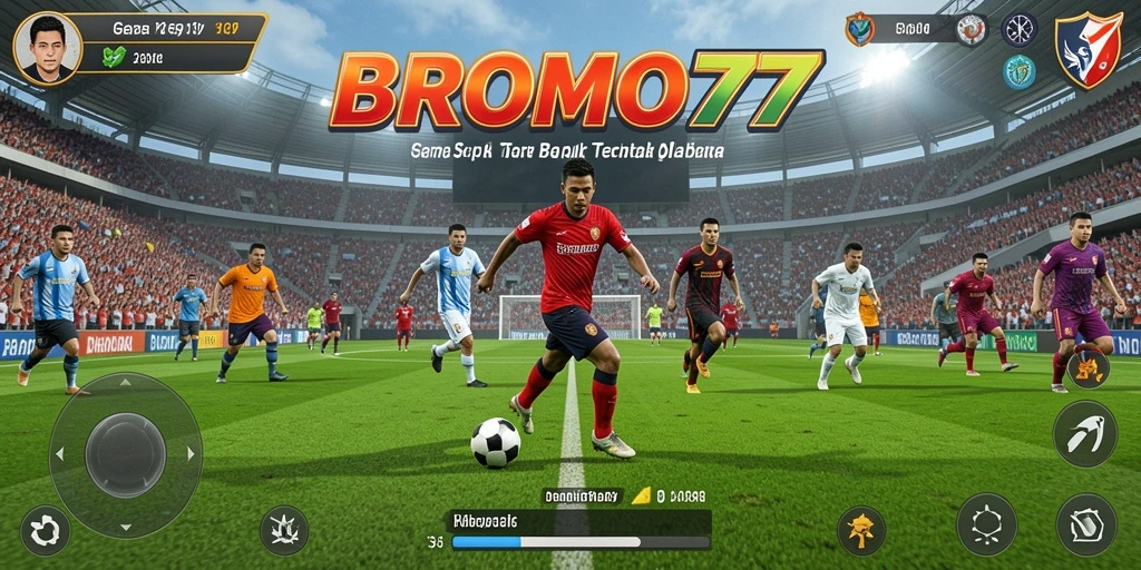 Screenshot BROMO77 menampilkan aksi seru dalam permainan sepak bola.
