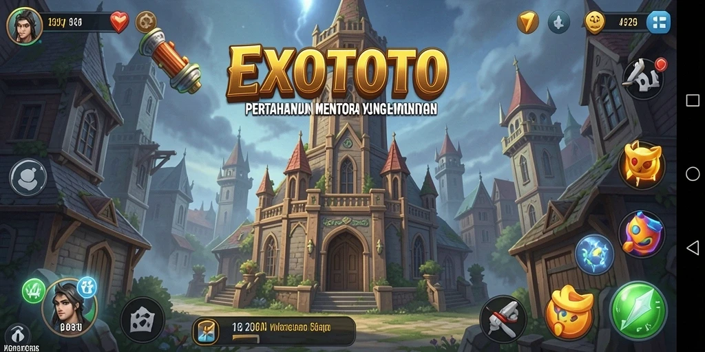 Screenshot gameplay EXOTOTO menampilkan pertahanan menara yang mendebarkan.