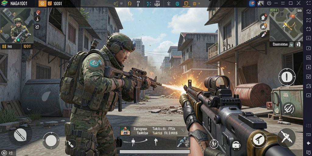 Tangkapan layar menunjukkan pertempuran intens dalam game FPS NAGA1001.