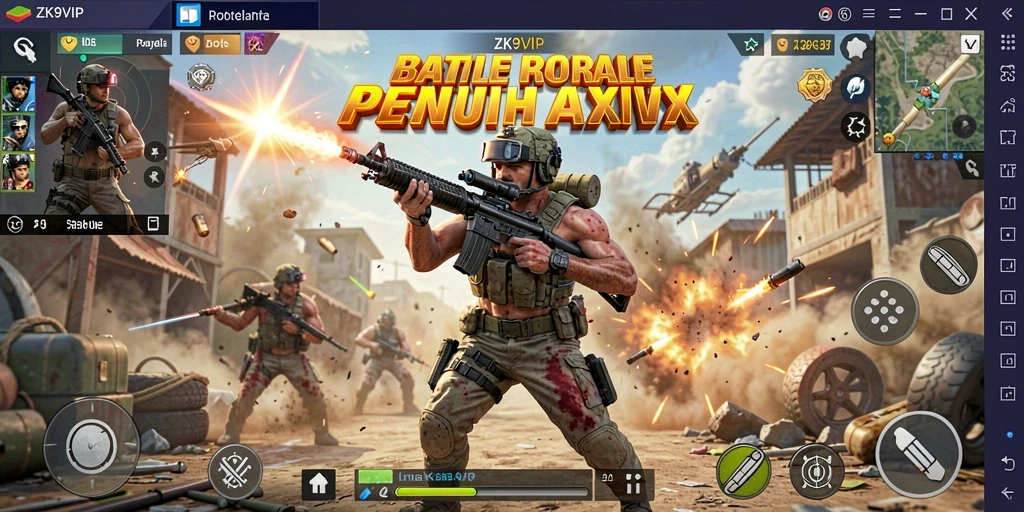Gameplay ZK9VIP menampilkan pertempuran seru di arena Battle Royale.